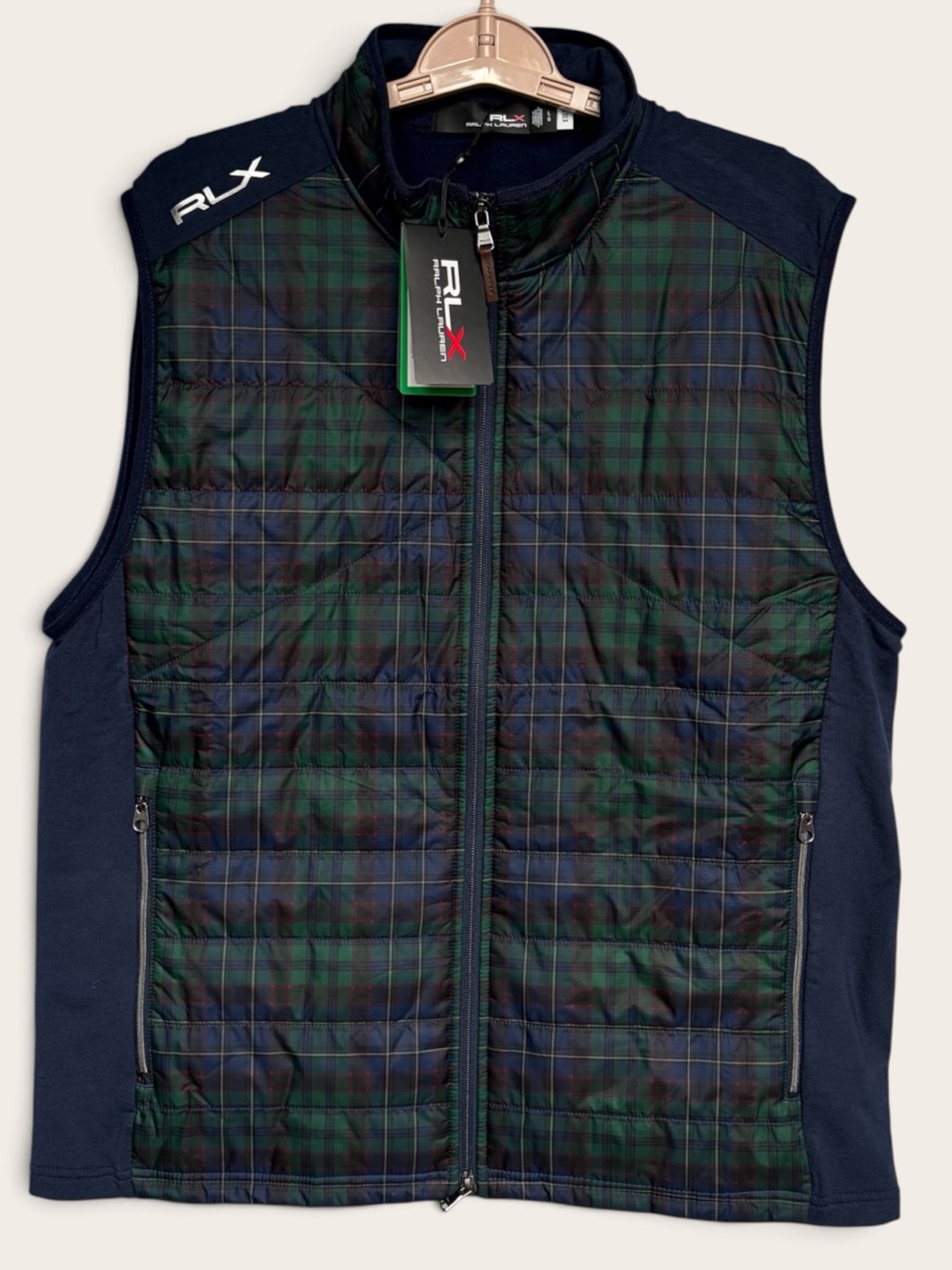 RLX Ralph Lauren Men L Performance Mock Neck Vest Hybrid Wool Blend Plaid NWT